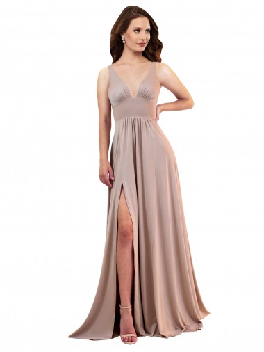 Rosa empolvado línea A Cuello en V Spandex Largo Formales Vestidos de dama de honor / Vestidos de fiesta