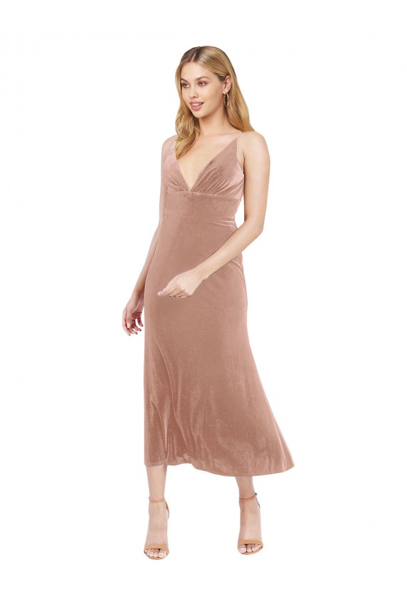 Rosa línea A Cuello en V Midi Terciopelo Elástico Corto Vestidos de dama de honor / Vestidos de fiesta / Vestidos de cóctel