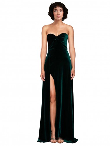 Verde oscuro línea A Cuello de Corazón Barrer tren Terciopelo Elástico Largo Vestidos de dama de honor / Vestidos de fiesta