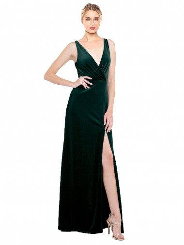 Verde oscuro línea A Cuello en V Terciopelo Elástico Largo Formales Vestidos de dama de honor / Vestidos de fiesta