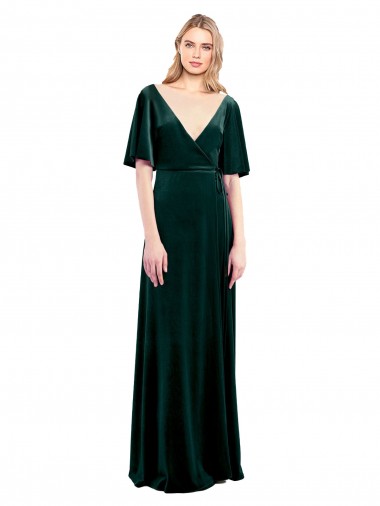 Verde oscuro línea A Cuello en V Terciopelo Elástico Largo Vestidos de dama de honor / Vestidos de fiesta